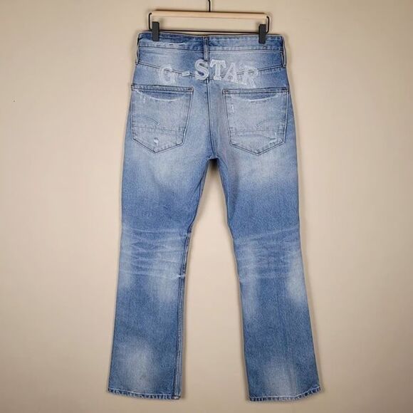 G-Star Raw Size 29x32 3301 Jeans Distressed Flare Bootcut Embroidered Light Blue - Picture 3 of 12